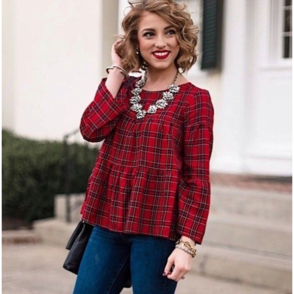 Madewell Classic Plaid‎ Tiered Bell Sleeve Button Back Crop Top S